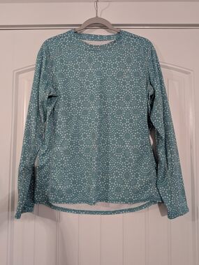 Simms Solarflex UV Long-Sleeve Fishing Crewneck Top in Teal Dot Print